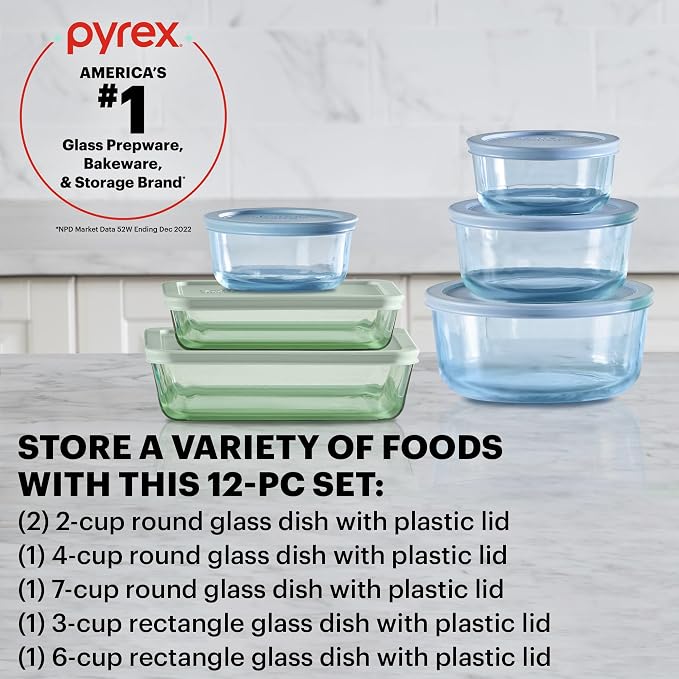 Pyrex Colors Tinted (12-PC Full Set) Small/Medium/Large Food Storage Container Set, Snug Fit Non-Toxic Plastic BPA-Free Lids, Freezer Dishwasher Microwave Safe, 3 Cup, 6 Cup & 11 Cup
