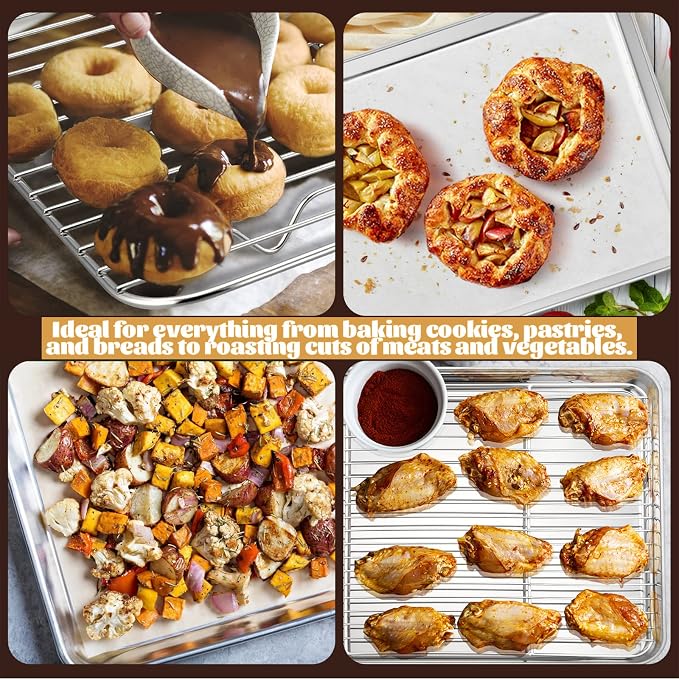 Metal Toaster Oven Tray Set, E-far 10.5”x8.3” Small Stainless Steel Baking Pan with Wire Rack for Cooking Broiling, Rimmed Metal Sheet for Roasting Cooling Cookie Bacon Steak
