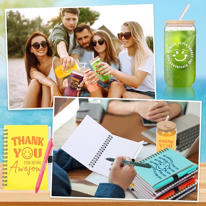 Skylety 12 Set Back to School Teacher Gifts in Bulk Thank You for Being Awesome Gifts 16 oz Glass Cups with Lids Straws Spiral Notebooks Sticky Note Pens for Employee Nurses Team Office Staff Coworker
