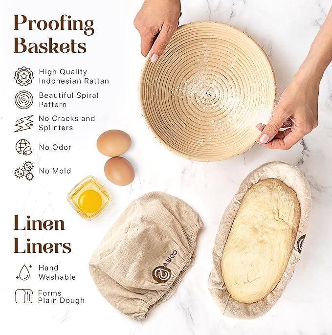 ABIOTO Sourdough Bread Baking Kit - 14-Piece Set with 9" Round & 10" Oval Rattan Banneton Proofing Baskets, Liners, Bread Lame, Danish Whisk & Scrapers for Home Bakers