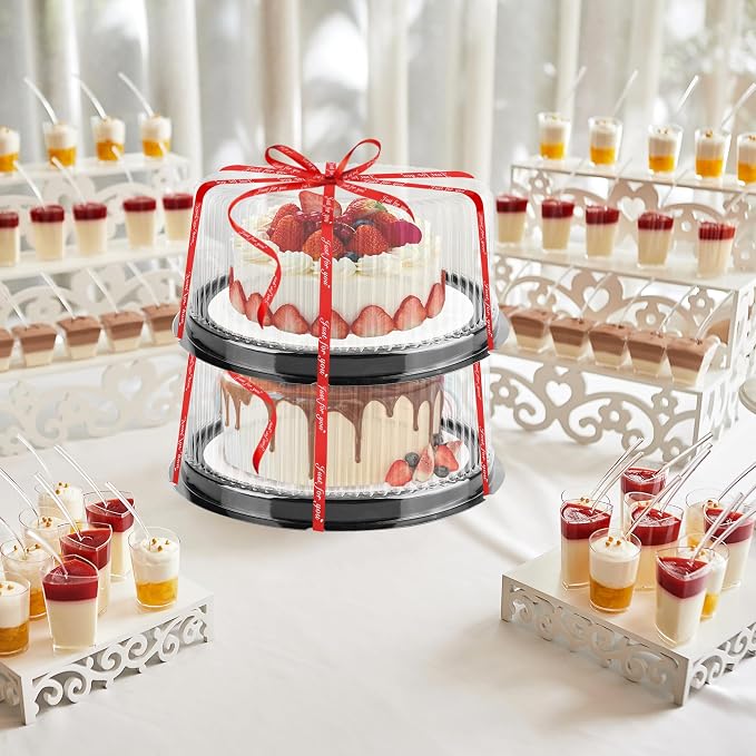 12Pcs 10 Inch Plastic Disposable Cake Containers with Lids and Cake Boards,Ribbon | Round Cake Container Carriers Clear Cake Box for Transport, Storing, Display Cakes