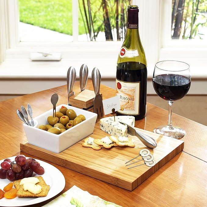 Picnic at Ascot Personalized Engraved Bamboo Cheese Board with Knife Set, Ceramic Bowl, Cocktail Sticks & Cheese Markers- Designed & Quality Checked USA
