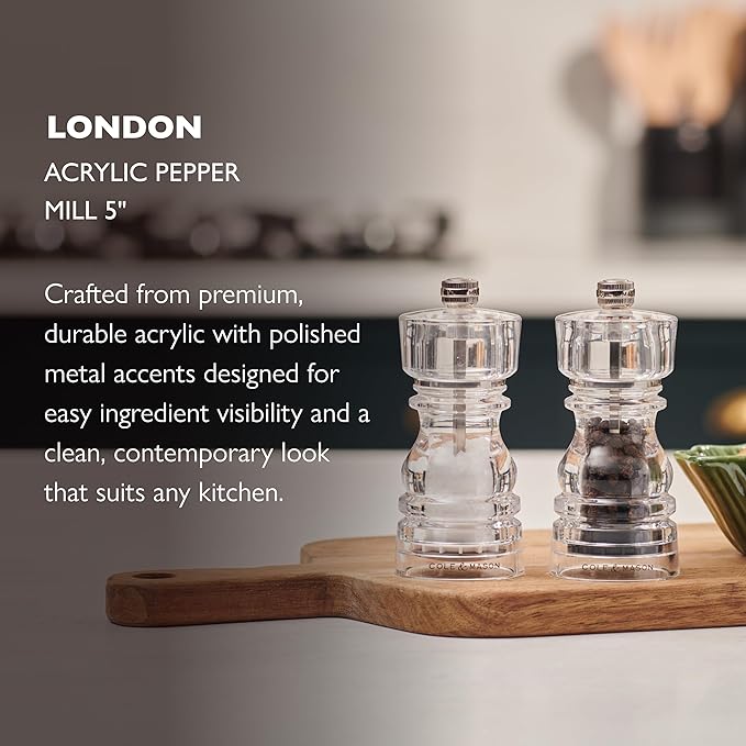 Cole & Mason London Refillable Spice Mill - Kitchen & Home Accessory - Table Black Pepper Grinder - Pepper Mill with Carbon Steel Mechanism - 5", Acrylic