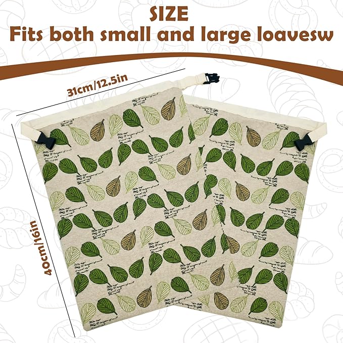 Reusable plastic-free beeswax lined - FDA cleared -fabric bread bags, beeswax toast storage pack (2ea),flax ciabatta storage pack, Moisture-proof fabric with zipper and buckle(Green Leaf)