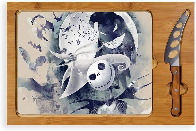 PICNIC TIME 910-00-505-214-11 Icon Glass Top Cutting Board & Knife Set, Cheese Board, Charcuterie Board 15.4 x 10.04 x 0.8 Disney Nightmare Before Christmas Jack & Zero - Parawood & Bamboo