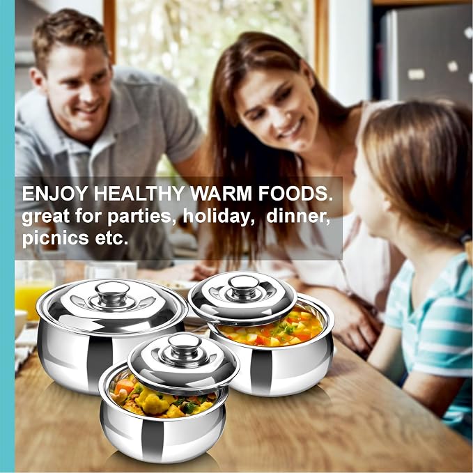 SIGNORA WARE Large Insulated Casserole Dish with Lid Set of 3. Stainless steel Hot Pot Food Warmer/Cooler -Thermal Soup/Salad Serving Bowl Stainless Steel Hot Food Container–Best Gift Set for Moms