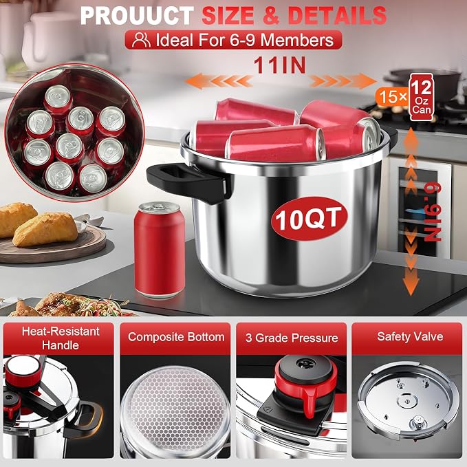 3-In-1 304 Stainless Steel Pressure Cooker 10 Quart: [3 PSI Settings], One-Hand Locking, Induction Compatible, Glass Lid & Steamer Rack Included, Olla de Presion