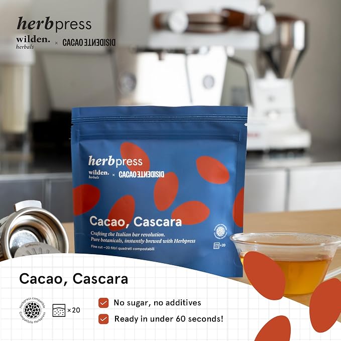 Bristot x Wilden Herbals Herbpress Cacao, Cascara Herbal Infusion – Organic Botanical Drink with Natural Cacao Notes – Softpack of 20 Square Filters
