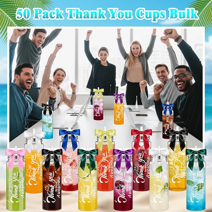 50 Pcs 17 oz Thank You Plastic Cups Bulk, Employee Appreciation Gifts for Staff Inspirational with Lids, Straw and Twist Bow, Reusable Acrylic Skinny Tumbler for Staff Coworker Teacher Nurses