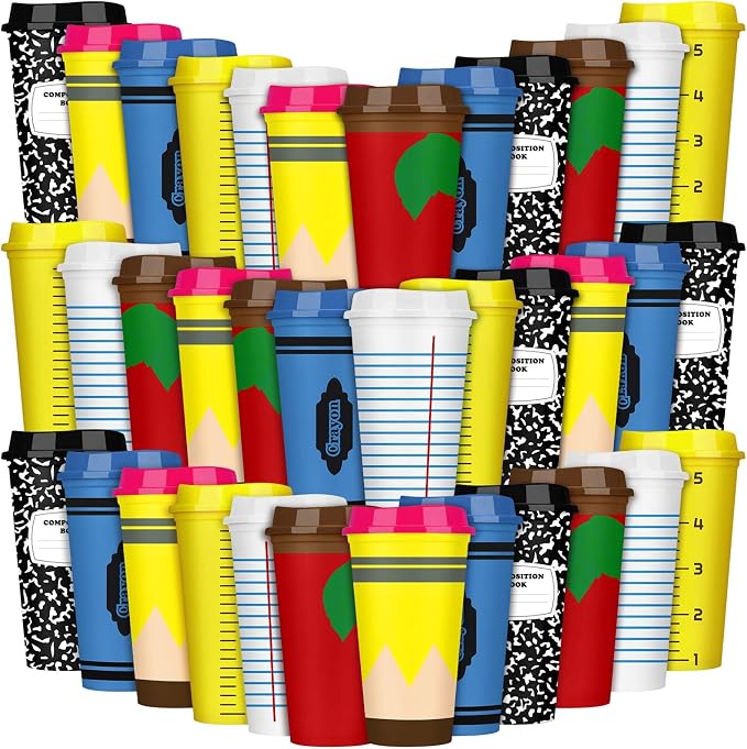 Skylety 36 Pcs Back to School Teachers Gifts Teacher Appreciation Gifts Teacher Deals Bulk Reusable Plastic Coffee Cup with Lid for First Day of School Party Decorations (Elegant)