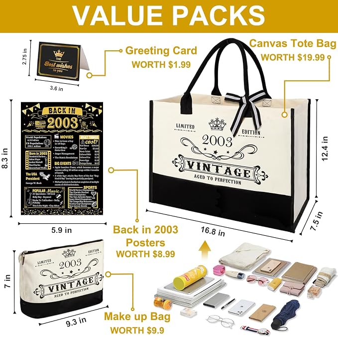 23rd Birthday Gifts for Women Canvas Tote Bag Travel Gear, Unique 23 Years Old Birthday Gifts for Girlfriend Daughter Sister Friends Her, Vintage 2003 Handbag & Cosmetic Bag & Back in 2003 Poster