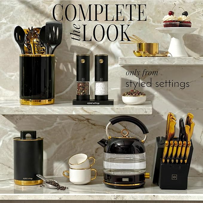 Electric Salt and Pepper Grinder Set Rechargeable – Black and Gold Salt and Pepper Shakers with USB-C Charging, Adjustable Grind, LED Light, One Touch Control, Stainless Steel Body