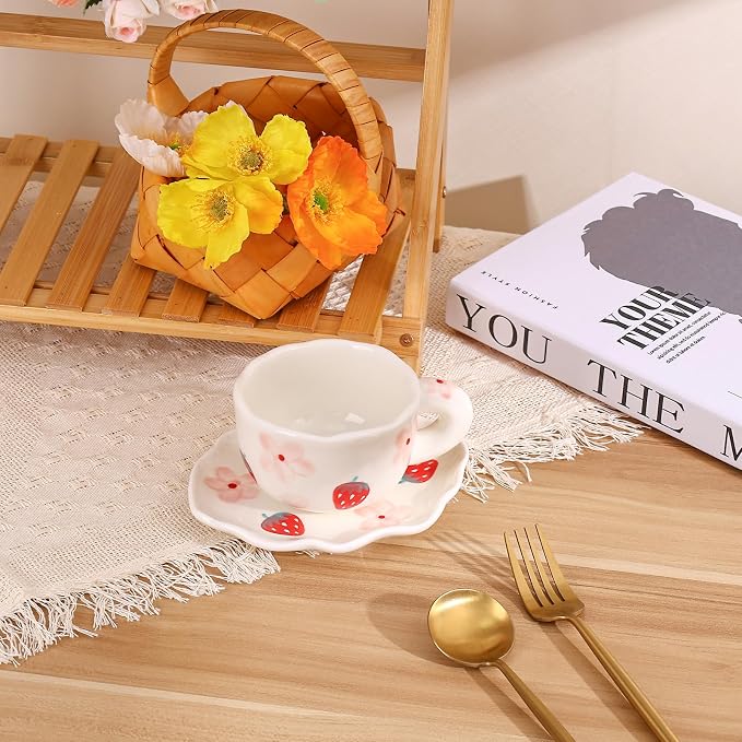 Koythin Ceramic Coffee Mug with Saucer Set, Cute Creative Cup Unique Irregular Saucer Design for Office and Home, 6 oz/180 ml for Latte Tea Milk (Strawberries and Flowers)