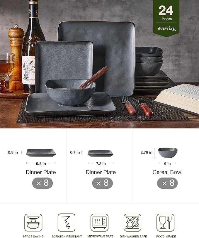 Famiware Dinnerware Sets for 8, Ocean Square 24-Piece Kitchen Plates and Bowls Sets, Microwave and Dishwasher Safe, Scratch Resistant, Matte Dark Charcoal
