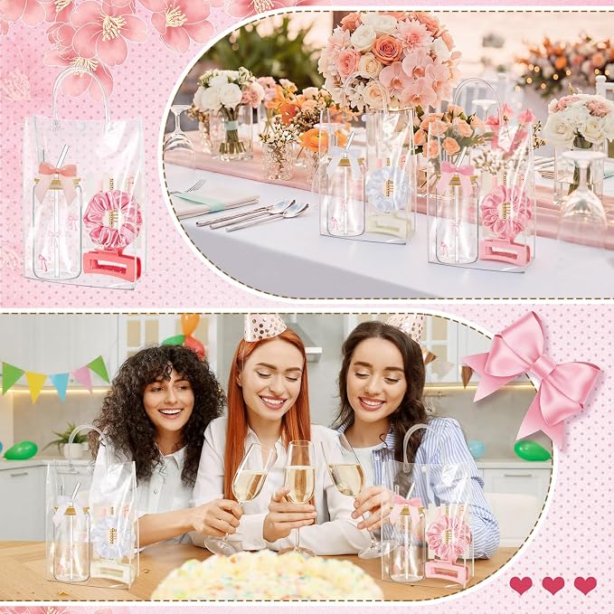 Suncalla 36 Pcs 6 Set Pink Birthday Gifts for Women, Sleepover Spa Party Girls Trip Bachelorette Party Favors for 6 People, Daisy Glass Cup Bracelets Hair Bands Hair Clip Tote Bags Bows