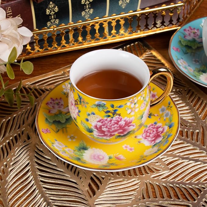 KAMMAK Tea Cups and Saucers Set of 2, Porcelain Coffee Cups, 7.1oz Stackable Espresso Mugs, Ceramic Demitasse for Coffee, Latte, Americano, Tea (940N+941N)