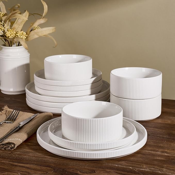 12-Piece Plates and Bowls Set, Porcelain Dinnerware Sets for 4 Service, Modern Dish Set-Chip and Scratch Resistant, Dishwasher & Microwave Safe, White