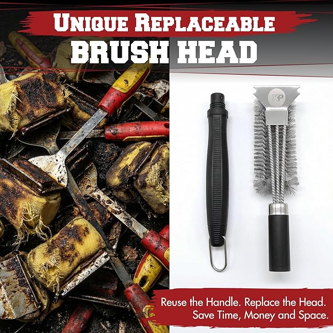 KITCHEN PERFECTION GrillSaver - Safe BBQ Grill Brush for Outdoor Grill with Replaceable Cleaning Head -Heavy-Duty Grill Cleaner with Scraper for All Grates +2 Bonuses -Best Grilling Gifts for Men