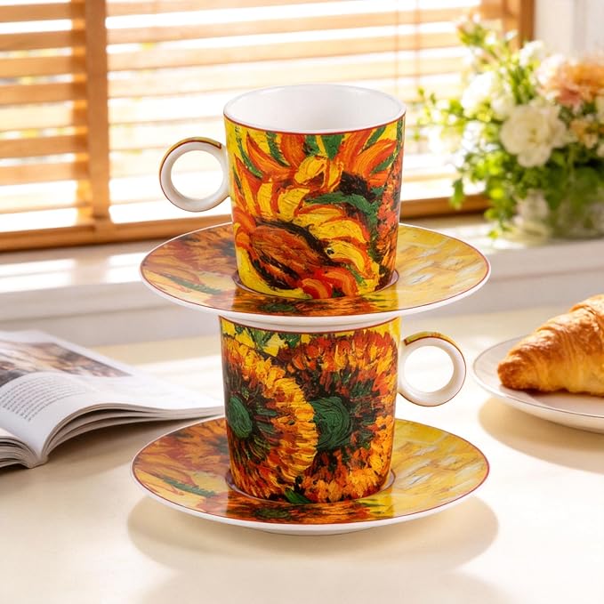 KAMMAK Tea Cups and Saucers Set of 2, Porcelain Coffee Cups, Stackable Espresso Mugs, Ceramic Demitasse for Coffee, Cappuccino, Latte, Americano, Tea, Small - Sunflower Oil Painting