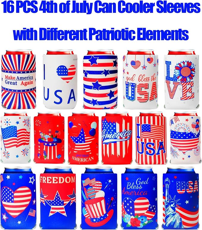 【16 PCS】 4th of July Can Holder in Bulk 4th of July Decorations Outdoor Can Cooler 4th of July Accessories Party Favors Patriotic Party Supplies Fourth of July Independence Day Accessories
