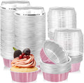 Tessco for you 100 Pcs Disposable Ramekins with Lids 8 oz Creme Brulee Ramekin Aluminum Foil Cup Cupcake Liner Baking Valentines Disposable Muffin Tin Pan Cheesecake Container (Pink,Silver)