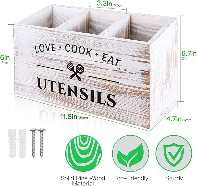 MINCORD Wood Kitchen Utensil Caddy with 3 Compartments, Rustic Farmhouse Style, Ideal for Storage and Organization, White
