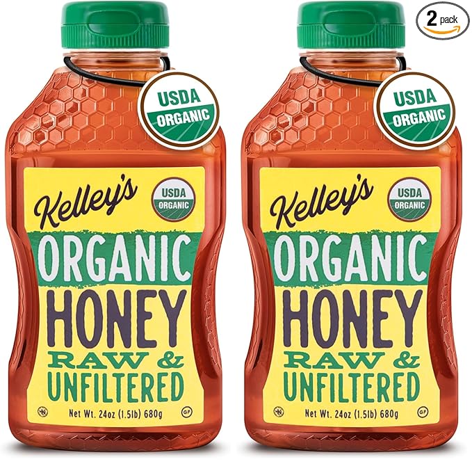 Kelley's 100% Organic Raw & Unfiltered Honey, USDA Certified, 24 Oz – All Natural, Flavor-Rich Honey for Fruits, Yogurt, Smoothies, Acai Bowls, Tea – Natural Sugar Substitute (Pack of 2)