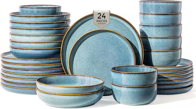 GBHOME 24 Pieces Double Bowls Ceramic Dinnerware Sets for 6, Stoneware Plates and Bowls Set with Reactive Glaze, Scratch Resistant Stoneware Dishes Set, Dishwasher & Microwave Safe