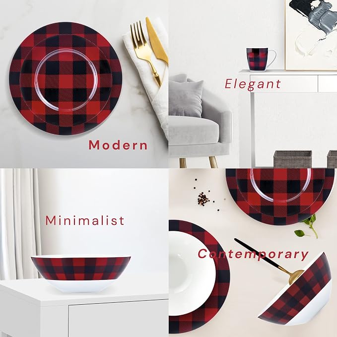 Safdie & Co. 16-Piece Red, Black Plaid Dinnerware Set, Porcelain, Includes Bowls, Plates, and Mugs, Dishwasher Safe