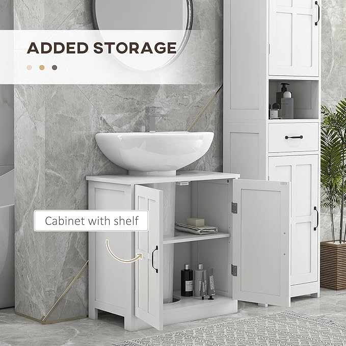 kleankin Pedestal Sink Storage Cabinet, Under Sink Cabinet with 2 Doors and Adjustable Shelf, Bathroom Vanity with U-Shape Cut-Out, White