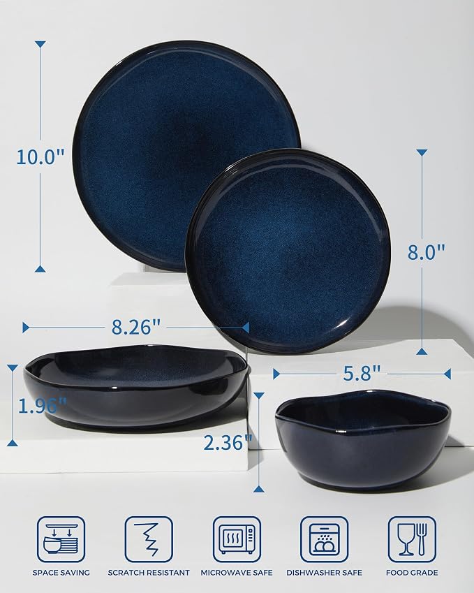 Pokini Plates and Bowls Sets, 16 Pieces Dinnerware Set for 4 with Pasta Bowls, Handmade Dishes Set, Chip Resistant Dishware Sets, Microwave Safe Dinner Set, Designed for Interactive Meals, Starry Blue