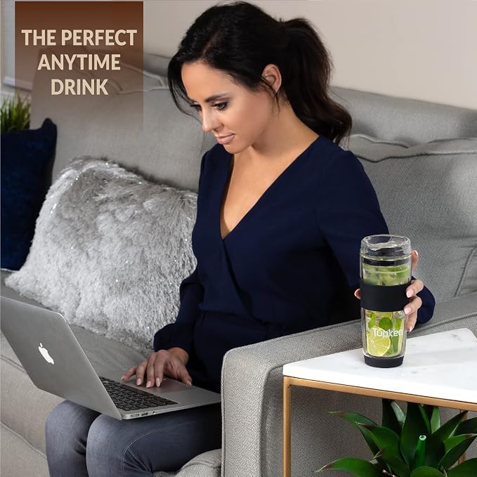 Double Wall Glass Tumbler - 14-Ounce, All Glass Reusable Insulated Tea/Coffee Mug & Lid, Hand Blown Travel Mug - Black