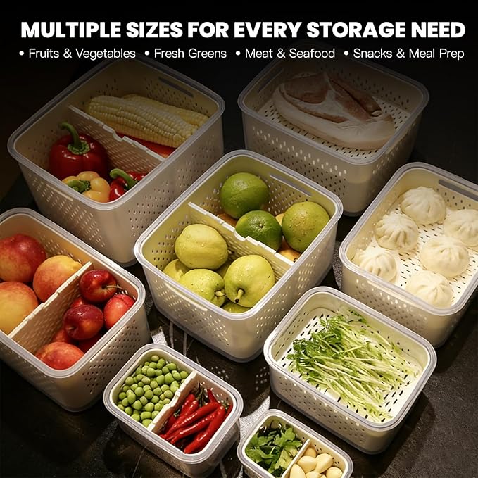 Produce Storage Containers Set with Drain Basket & Lid – Stackable Fridge Organizer Bins for Refrigerator – Fruit & Vegetable Storage Keeper, Berry Container, Lettuce Storage Box (6 Sizes) (7)
