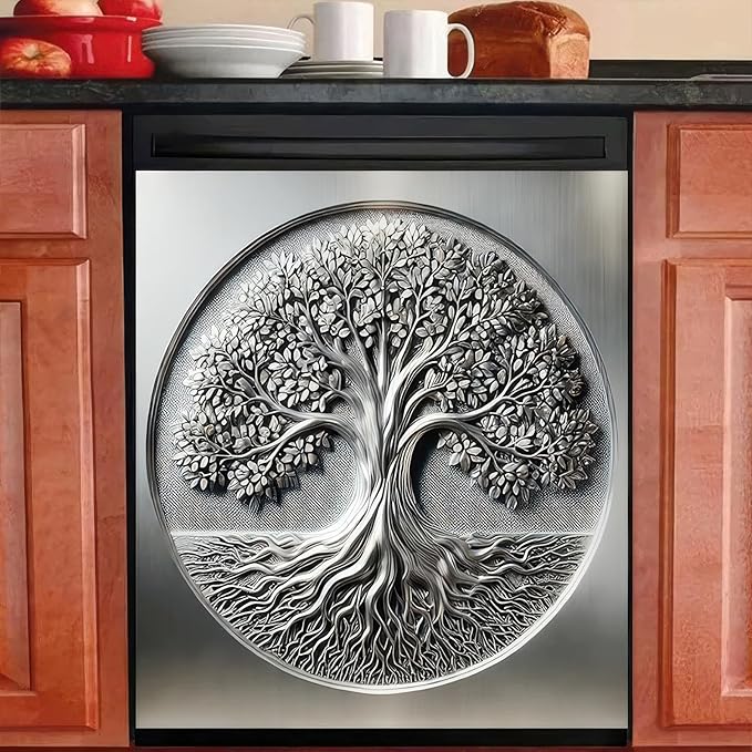 BlissYard Sliver Metal Tree of Life Dishwasher Magnet Cover Skin Panel 23x26 Inch Magnetic Dishwasher Covers Decorative Appliances Refrigerator Cupboard Magnet Cover Kitchen Decoration