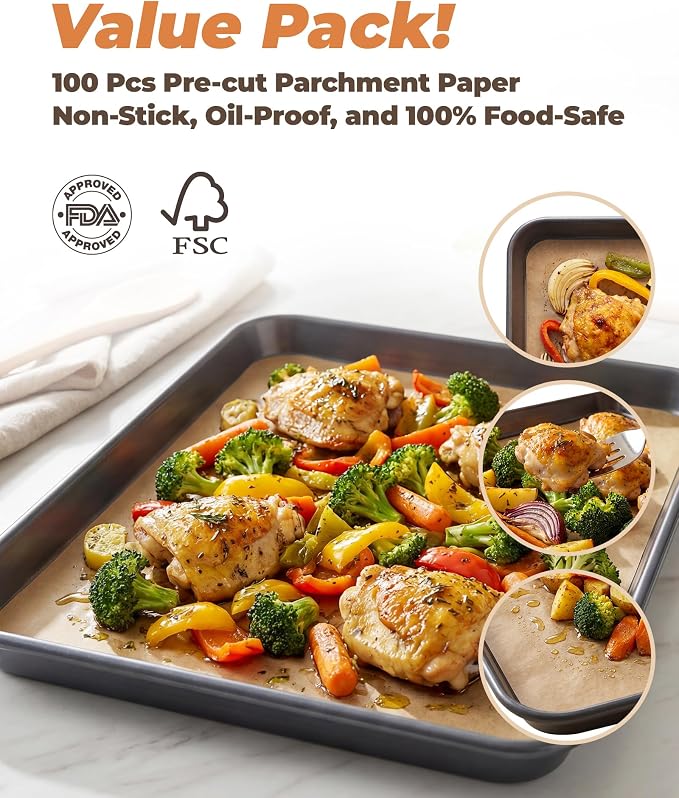 Bake Choice 2 Pack Half Sheet Pans 18x13 In with 100 Pcs Parchment Paper, Heavy Duty Carbon Steel, Warp Resistant Nonstick Baking Sheet, Commercial Grade Cookie Sheets for Oven Baking Roasting