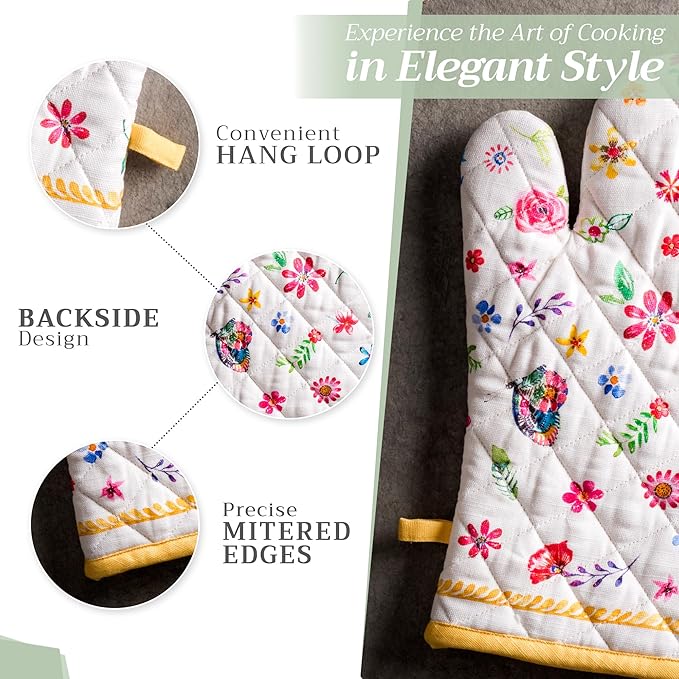 Maison d' Hermine 100% Cotton Oven Mitt & Pot Holder Set (7.5"x13" & 8"x8") Heat Resistant BBQ Cooking Gloves with Loop Kitchen Gifts for Mothers Day Spring/Summer (Happy Florals - Sweety)