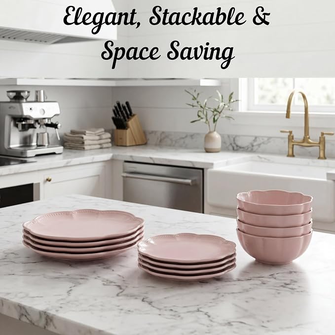Sango 12 Pieces Scalloped Dinnerware Set, Modern Pink Dishes for 4, Premium Serving Plates & Bowls Sets, Chip Resistant, Blush Ceramic Dishware, Kitchen Dish, Microwave & Dishwasher Safe, Bethany