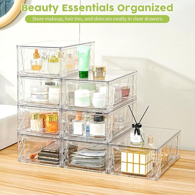 8 Pack Acrylic Storage Drawers, Clear Stackable Storage Drawers, Acrylic Organizers Drawers for Under Sink, Pantry, Bathroom, AcrylicStorage Containers for Makeup Organizers Cosmetic Display, Medium