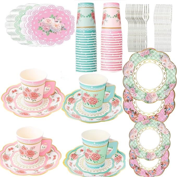 Jasni 168 Pcs Floral Paper Tea Cups and Saucers Set, Severs Disposable Tea Party Supplies 6 Inch Plate, Saucer, Napkin, Paper Tea Cups with Handle for Tea Party Decorations
