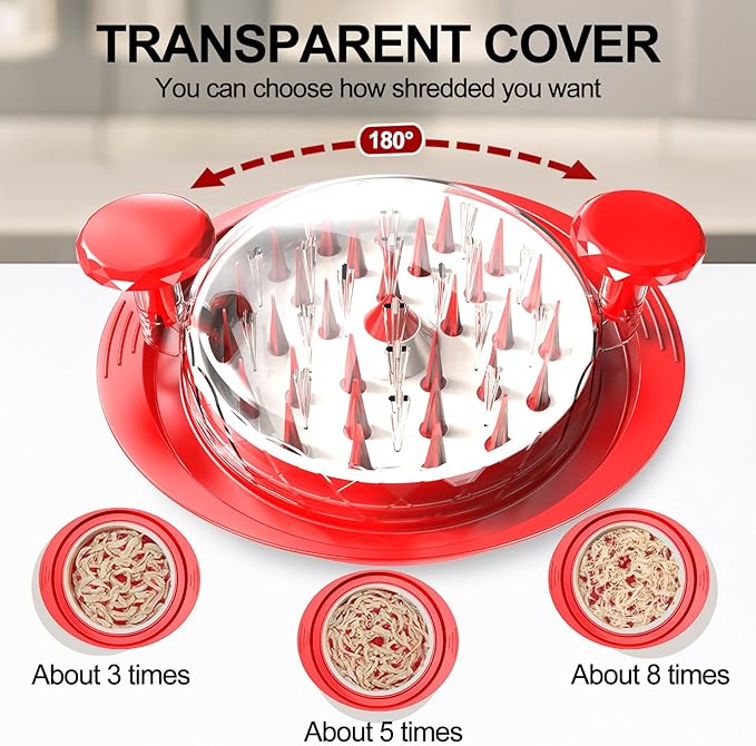 Chicken Shredder Tool Twist, 11" Heavy Duty Large Chicken Shredder with Plate, Meat Grinders Gadgets Machine, BPA Free, Strong Anti-Slip, Dishwasher Safe, Suitable for Pork Beef Chicken, Red