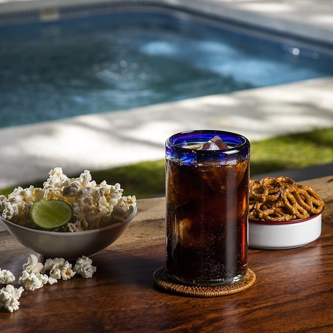 15 oz Hand Blown Mexican Drinking Glasses - Set of 6 tumblers, 15 fl oz each, Cobalt Blue Rim