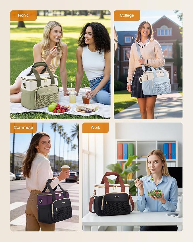 LOVEVOOK Lunch Bag Women, Insulated Wide Opening Adult Lunch Box for Women Work with Cup Holder, Large Lunch Cooler Tote Bag with Utensils Pocket for Office Campus Picnic Beach Mom Nurse Family