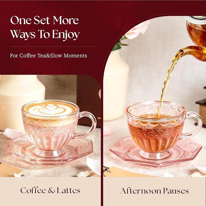 Handcrafted Vintage Glass Coffee Cup and Saucer Set, 12 oz Large Tea Cup with Octagonal Saucer for Coffee, Latte, Tea, Gift for Women, Microwave & Dishwasher Safe, Rose Mist Pink