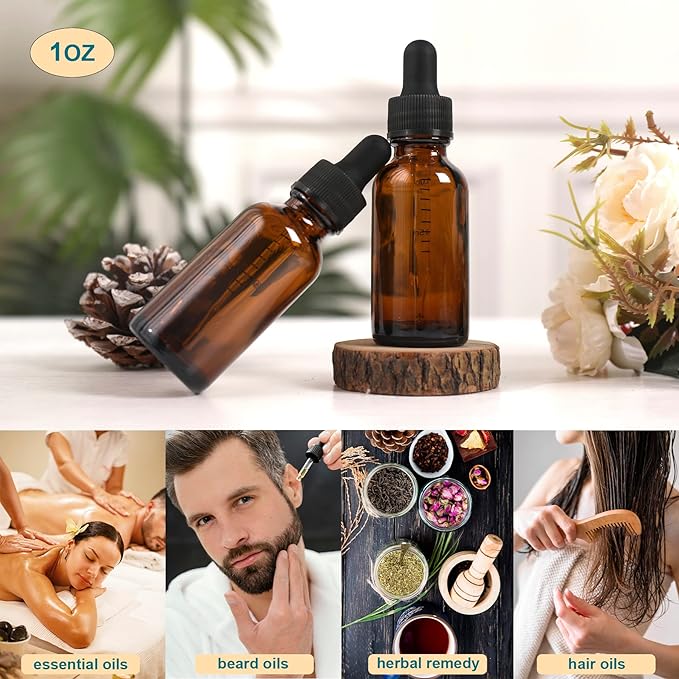 NOOEEISS 48 Pack,1oz Glass Dropper Bottle, Amber Tincture Bottles with Dropper,Pretty Finish for All Kinds of Liquids,Oil Bottles for Hair- Stronger Suction ideal for Leakproof Travel