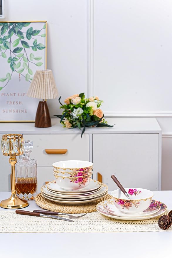 FHGNYSM Vintage Floral Dinnerware Set, 12-Piece Porcelain with Gold Rim | Rose Pattern Dish Set for Kitchen, Wedding and Housewarming Gift, Chip and Scratch Resistant, Microwave&Dishwasher Safe for 4