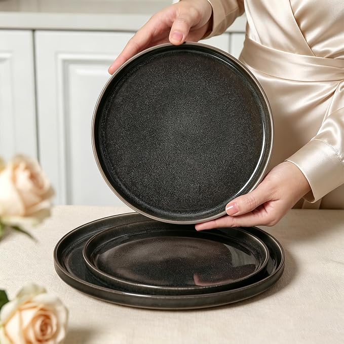 Stoneware Dinnerware Sets, Plates and Bowls Set for 4, 12-Piece Modern Stoneware Dinnerware – Chip Resistant, Non-Toxic, Dishwasher and Microwave Safe Tableware，Glossy Black
