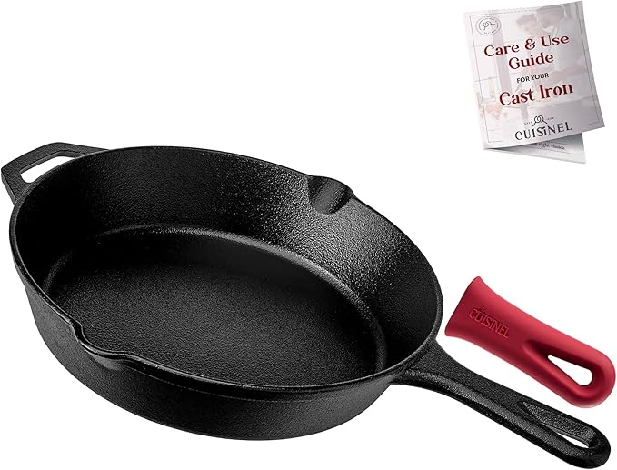 Cuisinel Cast Iron Skillet Set - 8" + 10" + 12"-Inch Pre-Seasoned Frying Pans + Silicone Handle Grip Covers - Indoor/Outdoor, Oven, Grill, Stove, BBQ, Fire, Induction Safe Kitchen and Camping Cookware