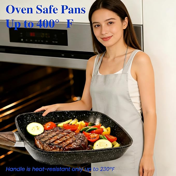 HealSmart 3 Pieces Nonstick Grill Pan Set, Square Cooking Skillets with Wooden Handles, PFOA-Free Multi-size Griddle Pans Fit All Stovetops, Indoor & Outdoor Cooking, 9.5",10.2",11", Black