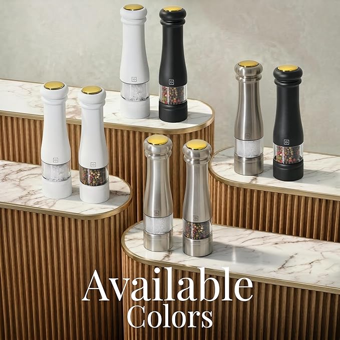 Electric Salt and Pepper Grinder Set - Styled Settings Stainless Steel Salt and Pepper Grinder Set with LED Light, Adjustable Coarseness, Battery Operated, Wood Base
