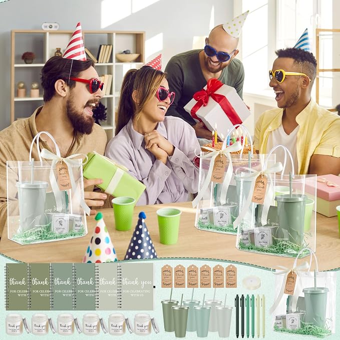 Nuogo 12 Sets New Parent Shower Prizes for Player Winners Adult, Wedding Bridal Shower Gift, Plastic Tumbler Notebook Scented Candle Ballpoint Pen Bag (Gradient Green,Classic Style)